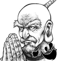 Rule 34 | 1boy, beard, closed mouth, facial hair, fingernails, frown, goatee, greyscale, hands up, hunter x hunter, isaac netero, male focus, monochrome, mustache, old, old man, own hands together, ponytail, shu-mai, simple background, solo, white background