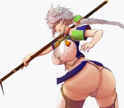 Rule 34 | 10s, 1girl, ass, braid, braided ponytail, breasts, cleavage cutout, clothing cutout, cloud print, crop top, curvy, dearmybrothers, from behind, g-string, jitome, kantai collection, large breasts, long hair, looking at viewer, looking back, lowres, midriff, open mouth, panties, short sleeves, silver hair, simple background, single braid, solo, thighhighs, thighs, thong, underwear, unryuu (kancolle), very long hair, white background, yellow eyes