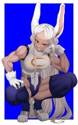 Rule 34 | 1girl, absurdres, animal ears, bare shoulders, blue background, boku no hero academia, border, breasts, covered abs, covered navel, crescent print, dark-skinned female, dark skin, fur collar, gloves, grin, hand on own thigh, head rest, highleg, highleg leotard, highres, large breasts, leotard, long eyelashes, long hair, looking at viewer, mirko, muscular, muscular female, parted bangs, purple thighhighs, rabbit ears, rabbit girl, red eyes, sleeveless turtleneck leotard, smile, solo, spread legs, squatting, taut leotard, teeth, thick thighs, thighhighs, thighs, tiptoes, very long hair, white border, white gloves, white hair, white leotard, yuya (yuya illust)