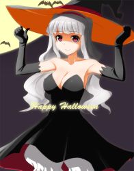 Rule 34 | 1girl, armpits, bare shoulders, bat (animal), breasts, cleavage, dress, elbow gloves, gloves, halloween, hat, idolmaster, idolmaster (classic), large breasts, long hair, moon, pink eyes, shijou takane, silver hair, smile, solo, strapless, strapless dress, sugar (sugarless)