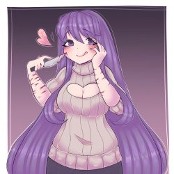 Rule 34 | 1girl, blood, breasts, cleavage, cleavage cutout, clothing cutout, cutting, doki doki literature club, highres, knife, long hair, purple eyes, purple hair, self-harm, smile, sweater, tongue, tongue out, turtleneck, very long hair, yuri (doki doki literature club)