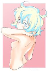 Rule 34 | 00s, 1girl, border, breasts, completely nude, looking at viewer, looking back, mozu (peth), nia teppelin, nipples, nude, pink background, short hair, simple background, small breasts, solo, tengen toppa gurren lagann