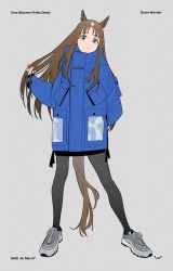 Rule 34 | 1girl, acubi tomaranai, alternate costume, animal ears, arm behind back, artist logo, black pantyhose, blue coat, blue eyes, brown hair, character name, closed mouth, coat, copyright name, english text, fashion, full body, grass wonder (umamusume), grey background, grey footwear, hand in own hair, high collar, highres, horse ears, horse girl, horse tail, long hair, looking at viewer, nike (company), pantyhose, product placement, shoes, simple background, sneakers, solo, standing, tail, umamusume