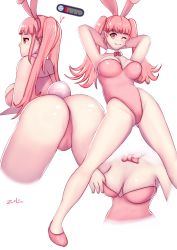 Rule 34 | 1girl, animal ears, arms up, ass, bow, bowtie, breasts, rabbit ears, rabbit tail, cleavage, detached collar, fake animal ears, fake tail, female focus, fire emblem, fire emblem: three houses, from behind, gameplay mechanics, highres, hilda valentine goneril, large breasts, leotard, long hair, looking to the side, matching hair/eyes, multiple views, nintendo, one eye closed, parted lips, pink eyes, pink hair, pink leotard, playboy bunny, signature, simple background, tail, twintails, white background, wink, zelc-face