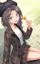Rule 34 | 1girl, :d, animal hat, black hat, brown coat, brown hair, brown jacket, clothes writing, coat, commentary, day, earrings, food, forehead, glint, green eyes, hat, highres, holding, holding food, hololive, jacket, jewelry, long hair, long sleeves, looking at viewer, miniskirt, natsuiro matsuri, natsuiro matsuri (street casual), open clothes, open coat, open mouth, outdoors, plaid, plaid coat, plaid skirt, pleated skirt, shirt, sitting, skirt, smile, solo, symbol-only commentary, virtual youtuber, white shirt, xyunx