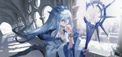 Rule 34 | 1girl, arch, arigiep, arknights, blue nails, blue tongue, circlet, cityscape, coat, colored tongue, crossover, earrings, food, fur-trimmed coat, fur trim, highres, holding, holding staff, horns, ice cream, jewelry, monster hunter (series), personification, pointy ears, sleeveless, sleeveless coat, snow, staff, statue, tile floor, tiles, velkhana, yellow eyes