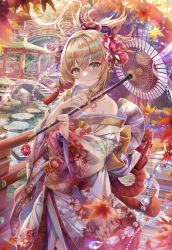 Rule 34 | 1girl, alternate costume, architecture, autumn, autumn leaves, bare shoulders, beads, blonde hair, blurry, blush, breasts, bridge, building, chest tattoo, collarbone, crystal, day, depth of field, east asian architecture, floral print, flower, flower tattoo, genshin impact, hair between eyes, hair flower, hair ornament, high ponytail, highres, japanese clothes, kanzashi, kimono, large breasts, leaf, long hair, long sleeves, looking at viewer, maple leaf, multicolored clothes, multicolored kimono, nail polish, off shoulder, oil-paper umbrella, orange nails, outdoors, parted lips, pendant choker, ponytail, print kimono, red flower, rock, rope, see-through, shimenawa, sidelocks, single bare shoulder, solo, stairs, standing, tassel, tassel hair ornament, tattoo, torino aqua, tree, umbrella, vision (genshin impact), water, wide sleeves, yellow eyes, yoimiya (genshin impact)