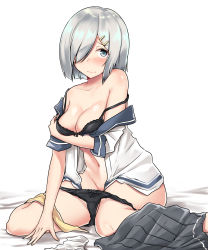 Rule 34 | 1girl, absurdres, black bra, black panties, blue eyes, blush, bra, breasts, cleavage, closed mouth, collarbone, convenient censoring, embarrassed, grey skirt, hair ornament, hair over one eye, hairclip, hamakaze (kancolle), highres, kantai collection, kiritto, looking at viewer, medium breasts, navel, off shoulder, open clothes, panties, partially undressed, pleated skirt, school uniform, serafuku, short hair, silver hair, simple background, sitting, skirt, skirt around one leg, smile, solo, striped clothes, striped skirt, underwear, wariza, white background