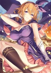Rule 34 | 1girl, aged up, alternate breast size, arm up, ass, black socks, blush, breasts, broom, broom riding, candy, cape, cleavage, closed mouth, dress, elbow gloves, feet out of frame, flower, flying, food, gloves, gochuumon wa usagi desu ka?, hair between eyes, hair flower, hair ornament, hairband, hand in own hair, head tilt, highres, hoto cocoa, jack-o&#039;-lantern, kneehighs, ks (xephyrks), large breasts, looking at viewer, night, orange hair, outdoors, pink flower, pumpkin, purple cape, purple dress, purple eyes, purple hairband, short dress, short hair, sitting, smile, socks, solo, sparkle, strapless, strapless dress, thighs, town, white gloves, witch