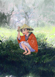 Rule 34 | 1girl, ayana (tannsann), barefoot, black hair, brown eyes, chin strap, day, from side, grass, hand up, hanten (clothes), hat, highres, jacket, japanese clothes, kimono, long sleeves, looking ahead, nature, original, picking flowers, red jacket, rice hat, solo, squatting, tree, updo, wide sleeves