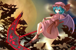 Rule 34 | 1girl, bat (animal), bat wings, blue hair, bobby socks, cross, excella (delltothu), flying, full moon, hat, hat ribbon, knee up, looking at viewer, mob cap, moon, night, outdoors, parted lips, pointy ears, red eyes, remilia scarlet, ribbon, shoes, short hair, short sleeves, skirt, skirt set, socks, solo, spear the gungnir, touhou, wings, wrist cuffs
