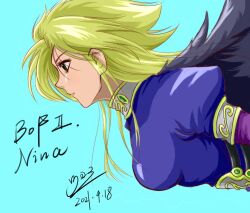 Rule 34 | 1girl, black wings, blonde hair, breasts, breath of fire, breath of fire ii, character name, copyright name, dated, dress, feathered wings, green eyes, long hair, medium breasts, nina (breath of fire ii), simple background, solo, tsuyoshi saito, wings