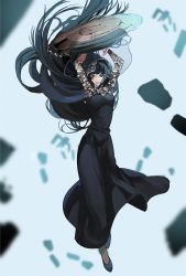 Rule 34 | 1girl, arms up, black dress, black eyes, breasts, circular saw, cleavage, dress, full body, highres, holding, holding weapon, long hair, osaragi (sakamoto days), sakamoto days, saw, small breasts, sonono71, weapon