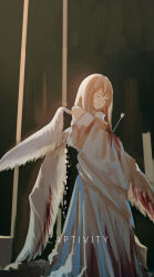 Rule 34 | 1girl, absurdres, alcxome, angel, angel wings, arrow (projectile), arrow in arm, arrow in body, artist name, bare shoulders, black background, blonde hair, blood, blood on clothes, closed eyes, closed mouth, commentary, detached sleeves, dress, english text, expressionless, feathered wings, feet out of frame, highres, holding own arm, injury, light particles, long hair, long sleeves, multiple wings, original, pleated skirt, skirt, solo, standing, straight hair, turtleneck, turtleneck dress, white dress, white sleeves, white wings, wide sleeves, wings