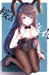 Rule 34 | 10s, 1girl, absurdres, animal ears, black bow, black bowtie, black hair, black leotard, black pantyhose, blue background, bow, bowtie, breasts, character name, cleavage, covered navel, detached collar, fake animal ears, highres, index finger raised, jiaxi daze, large breasts, leotard, long hair, looking at viewer, md5 mismatch, pantyhose, playboy bunny, purple eyes, rabbit ears, rabbit girl, rabbit tail, resolution mismatch, sakurajima mai, seishun buta yarou, sitting, solo, source smaller, strapless, strapless leotard, tail, two-tone background, wariza, wrist cuffs