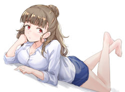Rule 34 | 1girl, barefoot, blue shorts, blunt bangs, blush, braid, braided bun, breasts, brown hair, cleavage, collarbone, commentary request, dress shirt, hair bun, head rest, highres, idolmaster, idolmaster cinderella girls, kamiya nao, large breasts, long hair, looking at viewer, lying, nose blush, on stomach, red eyes, shirt, shorts, simple background, single hair bun, solo, thick eyebrows, unu (unucence), white background, white shirt