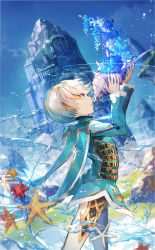 Rule 34 | 10s, 1boy, bishounen, blue hair, blue shirt, cowboy shot, flower, from side, highres, male focus, mikleo (tales), multicolored hair, pants, profile, purple eyes, scorpion5050, shell, shirt, solo, starfish, tales of (series), tales of zestiria, water, white hair, white pants