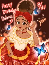 Rule 34 | 1girl, absurdres, bow, brown eyes, brown hair, bug, butterfly, choker, colombian clothes, dark-skinned female, dark skin, dolores madrigal, dragonf1y, earrings, encanto, english text, hair bow, heart, heart earrings, highres, insect, jewelry, red bow, red choker, shirt, simple background, skirt, smile, solo