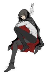 Rule 34 | 1girl, black footwear, black gloves, black hair, black pants, cigarette, crossed arms, g7cdpdto2i6hot6, gloves, highres, knee up, limbus company, looking at viewer, ootachi, pants, project moon, red eyes, ryoshu (project moon), shoes, short hair, sitting, solo