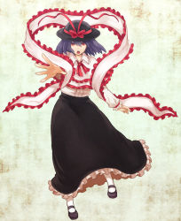 Rule 34 | 1girl, capelet, female focus, foreshortening, frills, full body, hat, hat ribbon, highres, kemuma, mary janes, nagae iku, open mouth, outstretched hand, purple hair, red eyes, ribbon, shawl, shoes, short hair, socks, solo, standing, touhou