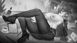 Rule 34 | 1girl, absurdres, aiguillette, azur lane, black footwear, black pantyhose, breasts, coffee, ctrlz77, earrings, epaulettes, full body, gloves, gold trim, greyscale, high heels, high ponytail, highres, indoors, jewelry, large breasts, legs, long hair, looking at viewer, monochrome, pantyhose, shoes, solo, topless, trieste (azur lane), white gloves