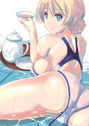 Rule 34 | 10s, 1girl, ass, blonde hair, blue eyes, braid, breasts, competition swimsuit, crotch seam, cup, darjeeling (girls und panzer), girls und panzer, highres, holding, holding cup, large breasts, light smile, looking at viewer, looking back, lying, nenchi, on stomach, one-piece swimsuit, partially submerged, saucer, short hair, shoulder blades, sideboob, simple background, smile, solo, swimsuit, tea, teacup, teapot, tray, trefoil, twin braids, wading, water, wet, white background, white one-piece swimsuit