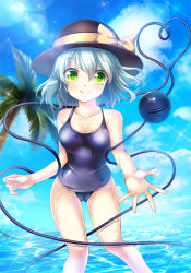 Rule 34 | 1girl, blush, green eyes, hat, izumi akane, komeiji koishi, looking at viewer, one-piece swimsuit, outstretched arm, school swimsuit, short hair, solo, swimsuit, third eye, touhou, water