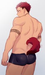 Rule 34 | 1boy, animal ears, ass, back, bara, black hair, black male underwear, blush, boxer briefs, bulge, cowboy shot, dog boy, dog ears, dog tail, from behind, gradient background, hao (haozz), male focus, male underwear, multicolored hair, original, red hair, reo (haozz), short hair, solo, tail, tail wagging, thick thighs, thighs, two-tone hair, underwear, underwear only, zipper