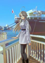 Rule 34 | 1girl, black footwear, black pantyhose, blue sky, boots, breasts, closed mouth, commentary, day, dress, flag, grey dress, grey eyes, grey hair, highres, japanese flag, kantai collection, long hair, long sleeves, looking at viewer, medium breasts, nidou, outdoors, pantyhose, photo background, railing, ship, sidelocks, sky, solo, standing, very long hair, washington (kancolle), water, watercraft