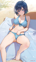 Rule 34 | 1girl, absurdres, antenna hair, arm support, artist name, barefoot, beach towel, bikini, blue bikini, blue eyes, blue hair, blue ribbon, blush, breasts, cleavage, closed mouth, collarbone, day, front-tie bikini top, front-tie top, head tilt, highres, knee up, looking at viewer, lying, medium breasts, navel, on back, original, outdoors, ribbon, sand, short hair, side-tie bikini bottom, smile, solo, sooon, swimsuit, towel