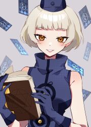 Rule 34 | 1girl, absurdres, bare shoulders, book, card, elizabeth (persona), emi star, gloves, grey background, hat, highres, persona, persona 3, short hair, simple background, sleeveless, smile, solo, white hair, yellow eyes