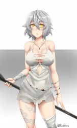 Rule 34 | 1girl, artist name, bandaged arm, bandaged leg, bandages, bare arms, bare shoulders, breasts, code vein, collarbone, commentary, covered erect nipples, cowboy shot, dress, english commentary, grey hair, hair between eyes, highres, io (code vein), jewelry, large breasts, looking at viewer, necklace, parted lips, polearm, short hair, simple background, solo, torn clothes, torn dress, twitter username, twrlare, weapon, white dress, yellow eyes
