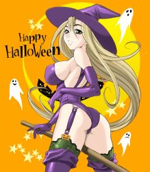 Rule 34 | 1girl, ass, back, blonde hair, blush, boots, breasts, broom, broom riding, elbow gloves, garter belt, gloves, green eyes, halloween, happy halloween, hat, long hair, looking back, orange background, original, sideboob, solo, thigh boots, thighhighs, witch, witch hat, yukiyanagi