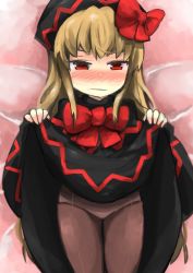 Rule 34 | 1girl, black pantyhose, blonde hair, blush, clothes lift, embarrassed, gaoo (frpjx283), gradient background, hat, highres, lily black, lily white, panties, panties over pantyhose, pantyhose, red eyes, skirt, skirt lift, solo, touhou, underwear
