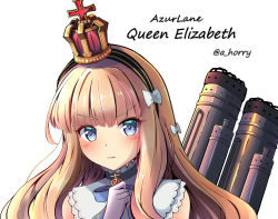 Rule 34 | 1girl, amagami (makise tsubaki), azur lane, blue eyes, character name, crown, gloves, hairband, highres, light brown hair, long hair, looking at viewer, machinery, mini crown, queen elizabeth (azur lane), simple background, solo, white gloves