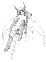 Rule 34 | :d, blush, boots, breasts, cleft of venus, collarbone, demon girl, demon wings, earrings, full body, gauntlets, graphite (medium), greyscale, harumachi nagaaki, horns, jewelry, monochrome, navel, nipples, nude, object insertion, open mouth, original, pussy, pussy juice, simple background, small breasts, small nipples, smile, solo, sword, traditional media, uncensored, vaginal, vaginal object insertion, weapon, weapon insertion, wings
