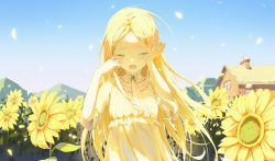 Rule 34 | 1girl, absurdres, blonde hair, blue eyes, blush, colored skin, crying, crying with eyes open, day, dress, field, flower, flower field, frilled shirt collar, frills, highres, house, long hair, one eye closed, open mouth, original, outdoors, parted bangs, petals, short sleeves, sky, solo, standing, starlan, sunflower, sunflower field, tears, upper body, very long hair, wiping tears, yellow dress, yellow flower, yellow skin, yellow theme