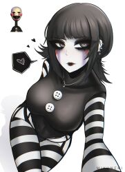 Rule 34 | 1girl, absurdres, artist name, black eyeshadow, black hair, black leotard, blush stickers, breasts, buttons, covered collarbone, covered navel, earrings, eyeshadow, five nights at freddy&#039;s, grey eyes, heart, highres, jewelry, large breasts, leotard, lip piercing, lips, makeup, mikuneki, necklace, pale skin, piercing, shadow, spoken heart, striped clothes, striped sleeves, striped thighhighs, the puppet (fnaf), thighhighs