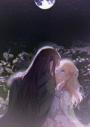 Rule 34 | absurdres, athanasia de alger obelia, black hair, blonde hair, blue eyes, braid, eoneu nal gongjuga doeeobeoryeotda, eye contact, hand on another&#039;s cheek, hand on another&#039;s face, hand up, highres, looking at another, moon, night, night sky, outdoors, sky, xuanqing0726