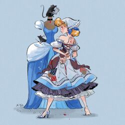 Rule 34 | 1girl, back tattoo, blonde hair, blood, blood drip, bloody knife, bloody weapon, blue background, blue dress, cinderella, cinderella (disney), commentary, disney, dress, facing away, high heels, highres, holding, holding knife, holding weapon, kiddo hah, knife, looking at viewer, looking back, mannequin, mouse (animal), patchwork clothes, simple background, tattoo, weapon