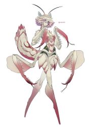 Rule 34 | 1girl, antennae, arthropod girl, arthropod limbs, carapace, claws, colored sclera, colored skin, commentary request, extra arms, facial mark, full body, highres, mantis girl, monster girl, multicolored skin, no feet, orchid mantis, original, pink eyes, pink hair, purple sclera, revision, ruteko (ruko220), short hair, solo, white background, white hair