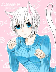 Rule 34 | 1girl, animal ears, blue eyes, breasts, cat ears, cat tail, fairy tail, fish, lisanna strauss, pixiv sample, resized, smile, tail, white hair