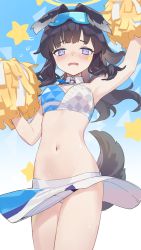Rule 34 | 1girl, animal ears, bare shoulders, blue archive, blush, breasts, cheerleader, cleavage, dog ears, dog girl, dog tail, eyewear on head, goggles, goggles on head, gradient background, halo, hibiki (blue archive), hibiki (cheer squad) (blue archive), highres, holding, holding pom poms, jinyuan712, long hair, looking at viewer, medium breasts, millennium cheerleader outfit (blue archive), navel, open mouth, pom pom (cheerleading), pom poms, solo, sticker on arm, sticker on face, tail