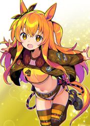 Rule 34 | 1girl, :d, animal ears, black footwear, black ribbon, bow, brown jacket, brown thighhighs, commentary, dog tags, ear ribbon, horse ears, horse girl, horse tail, jacket, long hair, long sleeves, looking at viewer, mayano top gun (umamusume), midriff, navel, onono imoko, open mouth, orange hair, outstretched arms, ribbon, shoes, shorts, smile, solo, standing, standing on one leg, striped clothes, striped thighhighs, tail, thighhighs, thighs, two side up, umamusume, white shorts, yellow eyes
