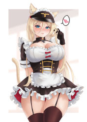 Rule 34 | 1girl, absurdres, alternate costume, animal ear fluff, animal ears, apron, arm behind back, azur lane, bismarck (azur lane), black dress, black gloves, black thighhighs, blonde hair, blue eyes, blush, breasts, cat ears, cat tail, cleavage, closed mouth, collared dress, commentary, cowboy shot, cross, dress, english commentary, enmaided, frilled apron, frilled dress, frills, garter straps, gloves, hair between eyes, highres, iron cross, kemonomimi mode, large breasts, long hair, looking at viewer, maid, maid apron, maid headdress, playing with own hair, short sleeves, sidelocks, skindentation, solo, spoken blush, standing, tail, thighhighs, visor cap, white apron, white background, whitter