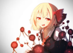 Rule 34 | 1girl, arms behind back, artist request, bad id, bad nicoseiga id, blonde hair, darkness, gradient background, hair ribbon, looking at viewer, necktie, open mouth, pran (nipura), red eyes, red necktie, red ribbon, ribbon, rumia, simple background, smile, smug, solo, solo focus, touhou, vest, vignette
