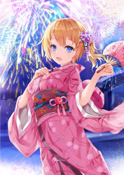 Rule 34 | 1girl, :d, aerial fireworks, blonde hair, blue eyes, breasts, commentary request, fireworks, floral print, flower, hair flower, hair ornament, hand fan, hand on own chest, hands up, highres, holding, holding fan, japanese clothes, kimono, long sleeves, looking at viewer, medium breasts, mutang, nail polish, night, obi, open mouth, original, outdoors, pink kimono, print kimono, sash, short hair, side ponytail, smile, solo, standing, white nails, wide sleeves, yukata