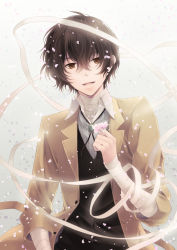 Rule 34 | 10s, 1boy, bandaged arm, bandaged neck, bandages, black hair, brown coat, brown eyes, bungou stray dogs, coat, commentary request, dazai osamu (bungou stray dogs), flower, gradient background, grey background, hair between eyes, hand up, holding, holding flower, looking at viewer, male focus, messy hair, petals, pink flower, sleeves rolled up, smile, solo, upper body, uzuki eri, waistcoat, wing collar