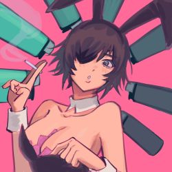 Rule 34 | animal costume, chainsaw man, cigarette, condom, condom in clothes, eyepatch, green eyes, highres, himeno (chainsaw man), holding, holding cigarette, leotard, lighter, liowig, pink background, playboy bunny, rabbit ears, simple background, simple background