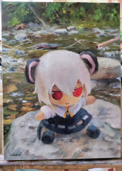 animal_ears blue_capelet capelet commission fumo_(doll) grey_capelet grey_hair highres mouse_ears mouse_girl mouse_tail nazrin oil_painting_(medium) painting_(medium) rock stream tail touhou traditional_media yuuren_kyouko